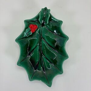Lefton Christmas Holly Berry Green Ceramic Dish Vintage #1347